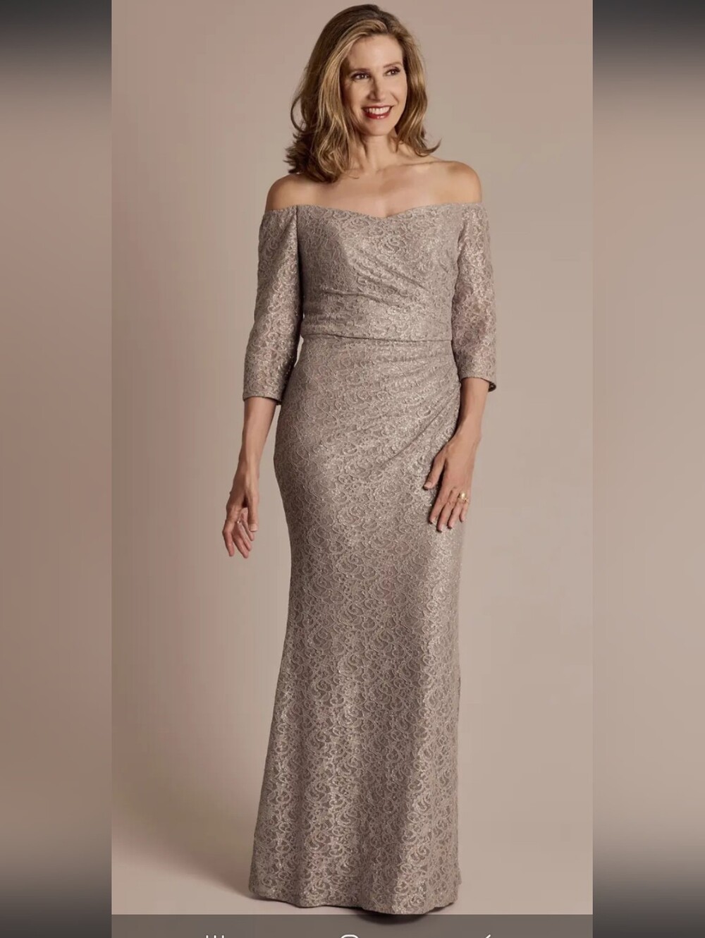 David's Bridal One-Shoulder Lace Gown in Taupe